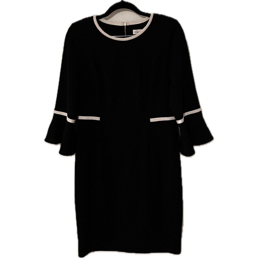 Calvin Klein Black Sheath Dress White Piping 3/4 Bell Sleeve Mid Midi Classic 10 - Picture 6 of 6